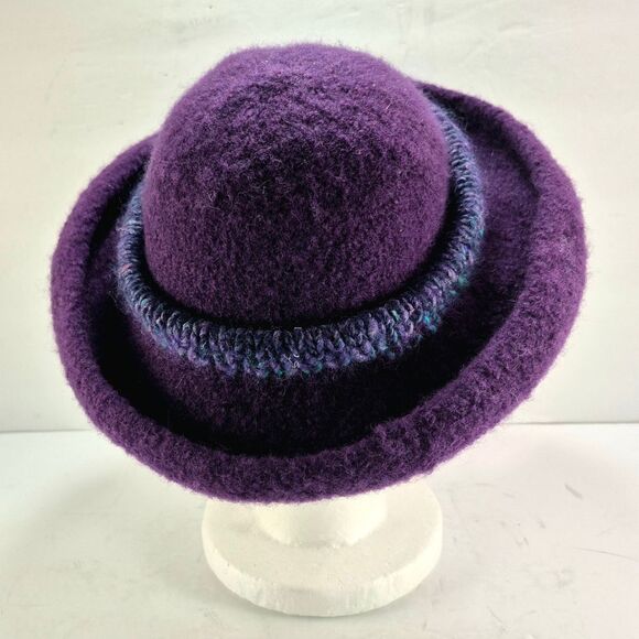 Handmade Purple Felted Wool Hat w/ Green Blue Crochet Band Boho Retro main image 8